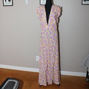 Showpo Womens Dyliah Frill Plunge Maxi Dress Floral Thigh High Split Size 14 NWT